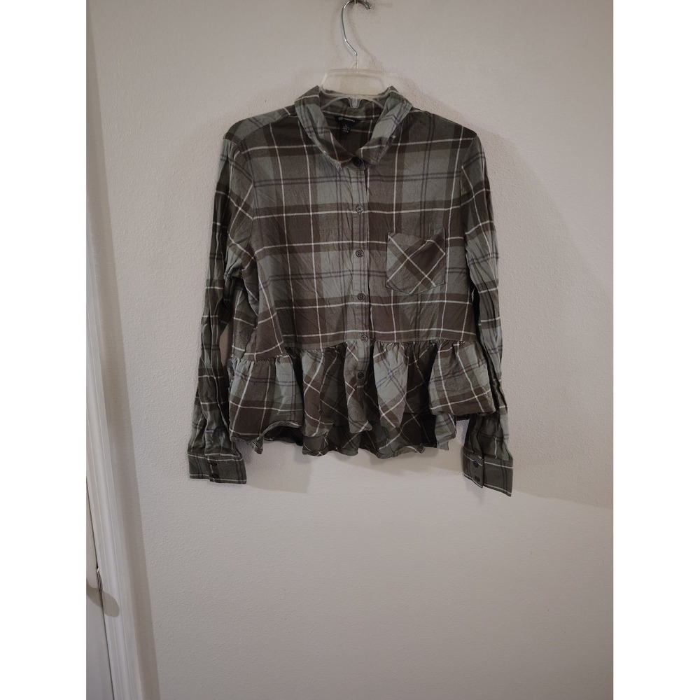 Versona Green Multi Plaid Peplum Ruffle Button Down Shirt Long Sleeve Large NWT
